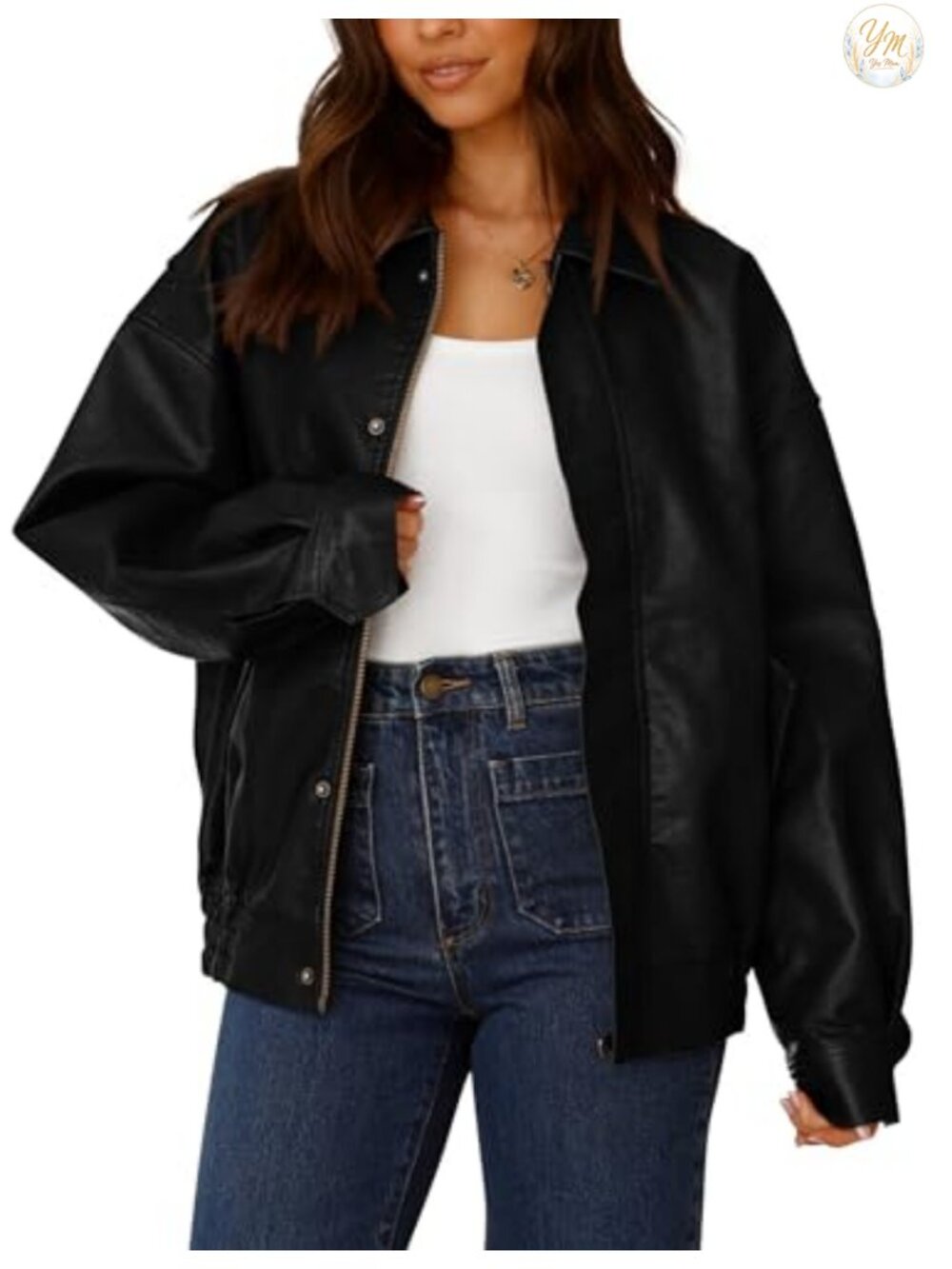 Faux Leather Moto Jacket for Women - Oversized Biker Jacket with Zipper